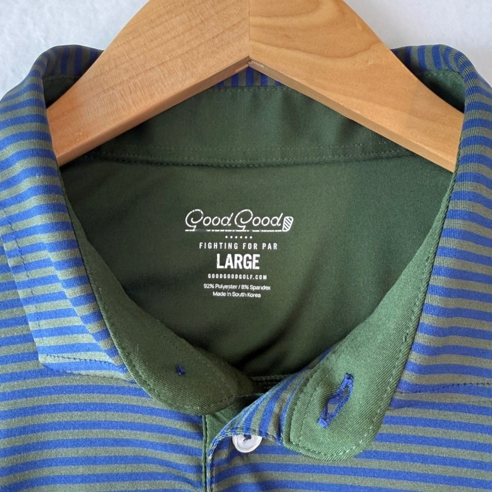 Good Good Golf Mens Large Polo Shirt Blue Green Striped Performance Short Sleeve